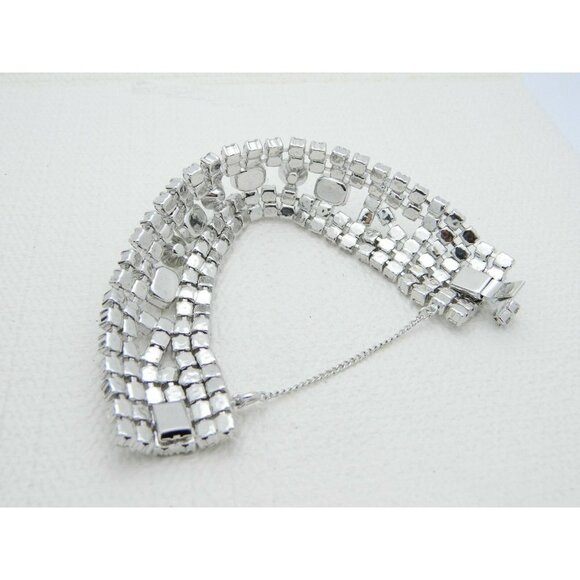 Vintage Art Deco Style Rhodium Silver Tone Clear CZ Rhinestone Wide Bracelet (D) - Picture 7 of 7
